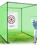 Heavy Duty Golf Driving Cage With 1 Inch Steel Frame For Backyard Garage And Indoor Simulator Noise Reduction Design 10x10x10 Ft Open Bottom Hitting Net With High Density Tear Resistant Netting shown with golfer swinging