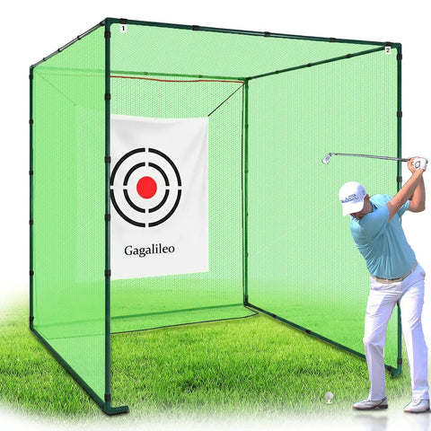Heavy Duty Golf Driving Cage With 1 Inch Steel Frame For Backyard Garage And Indoor Simulator Noise Reduction Design 10x10x10 Ft Open Bottom Hitting Net With High Density Tear Resistant Netting shown with golfer swinging