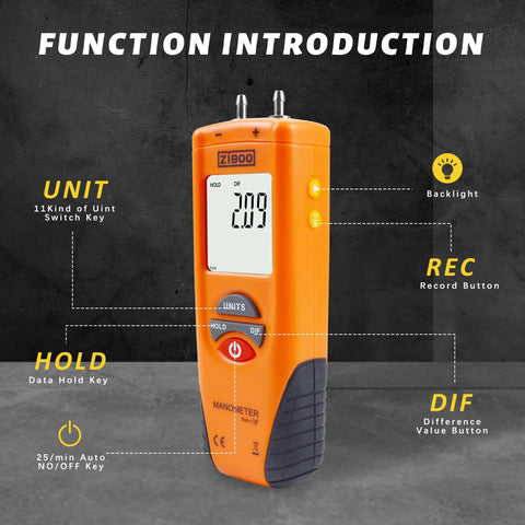 Digital Manometer For Air And Gas Pressure Testing With Dual Port Differential Gauge, 11 Units, Pro Grade Accuracy, LCD