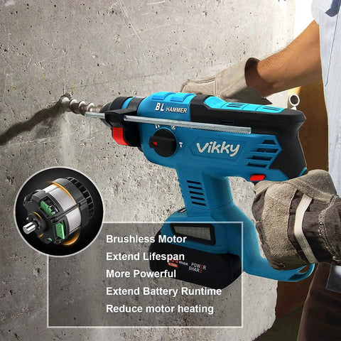 Person using Beast 20V SDS Plus Rotary Hammer Drill Kit with brushless motor on concrete wall, focus on drill and features