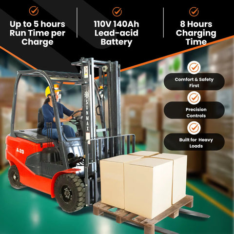 Electric Forklift A20 4,400 Lb Capacity lifting boxes in warehouse