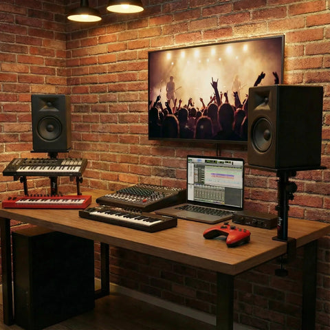 Clamp On Desk Speaker Stands For Dual Monitors, Height Adjustable Tilt, Desktop Mounts with speakers on wooden desk in studio