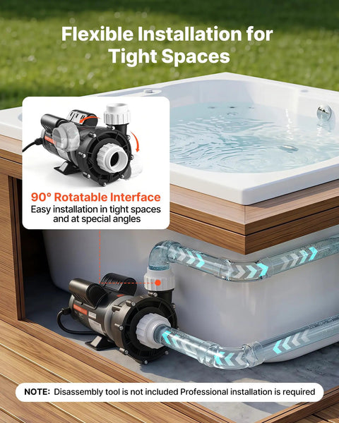 Workhorse 3Hp TwoSpeed Hot Tub Pump For Spas With Smooth 48Frame Build And Dual 1Point5 And 2Inch Ports At 230V showing flexible installation in tight space.