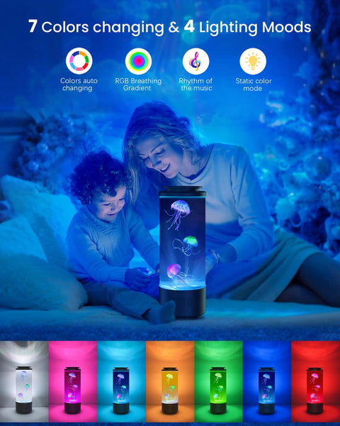 Child and adult enjoying Jellyfish Lamp Bluetooth Speaker With White Noise And 7 Color Changing Lights 4 Lighting Modes at night.