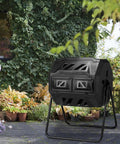 42 Gallon Outdoor Dual Chamber Compost Tumbler With Sliding Doors No Sweat Heavy Duty Rotating Batch Composter For Garden Backyard Lawn Kitchen Weatherproof Dual Bin System In Black on patio