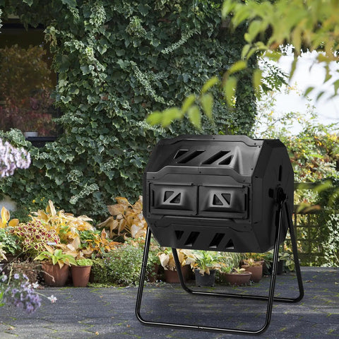 42 Gallon Outdoor Dual Chamber Compost Tumbler With Sliding Doors No Sweat Heavy Duty Rotating Batch Composter For Garden Backyard Lawn Kitchen Weatherproof Dual Bin System In Black on patio
