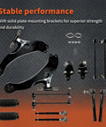 Front Suspension Beefed Up 14 Piece Control Arm Replacement Kit For Toyota Camry 2007 2011 Durable Metal Coated For Long Life And A Smooth Safe Ride With Tight Handling. 14-piece black coated suspension parts kit laid out on textured background