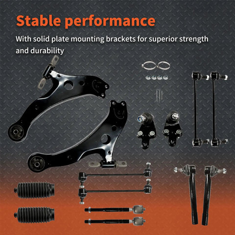 Front Suspension Beefed Up 14 Piece Control Arm Replacement Kit For Toyota Camry 2007 2011 Durable Metal Coated For Long Life And A Smooth Safe Ride With Tight Handling. 14-piece black coated suspension parts kit laid out on textured background