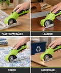 Heavy Duty Cordless Electric Box Cutter With Badass Cutting Power And No Sweat Operation, cutting plastic, leather, fabric, and cardboard.