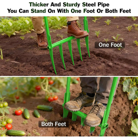 Heavy Duty Broadfork Garden Tool With Five Sharp Cambered 11 Inch Tines 56 Inch Unibody Shaft Unbreakable Construction in use