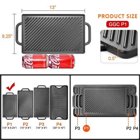 Reversible Cast Iron Grill Griddle With Double Sided Grill Pan For Gas Grills And Stove Tops 13 Inch By 8 Inch size comparison image