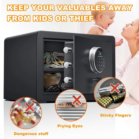 Fingerprint Fireproof Home Safe That Keeps Your Stuff Safe With Fireproof Document Bag And Removable Shelf Digital Security Safe For Cash Jewelry And Valuables 1.0 Cubic Feet Capacity Quick Access Biometric Lock And Code Pad open with contents visible