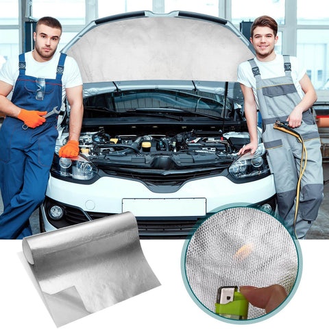 4 Sheets 12-Inch By 30-Inch Aluminized Heat Shield With Adhesive Backed Thermal Barrier Insulation Wrap shown with car engine