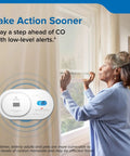 Low Level Carbon Monoxide Detector Powered By AA Batteries displayed on wall with digital backlit display and LED status indicators