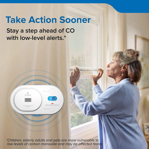 Low Level Carbon Monoxide Detector Powered By AA Batteries displayed on wall with digital backlit display and LED status indicators