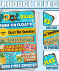Front view of Pool Rules Sign Tin Decor For Beach Home Bar Deck And Backyard 8 By 12 Inch Outdoor Wall Art With Pre Drilled Holes For Easy Hanging Dope For Poolside Decor And Outdoor Spaces With Easy Mounting And Long Lasting Charm.