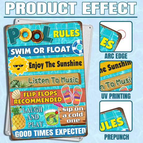 Front view of Pool Rules Sign Tin Decor For Beach Home Bar Deck And Backyard 8 By 12 Inch Outdoor Wall Art With Pre Drilled Holes For Easy Hanging Dope For Poolside Decor And Outdoor Spaces With Easy Mounting And Long Lasting Charm.