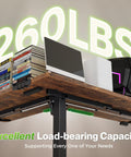 L Shaped Standing Desk With Power Outlets, A Large 63 By 55 Inch Corner Computer Desk supports 260lbs, showing robust design