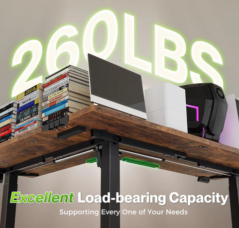 L Shaped Standing Desk With Power Outlets, A Large 63 By 55 Inch Corner Computer Desk supports 260lbs, showing robust design