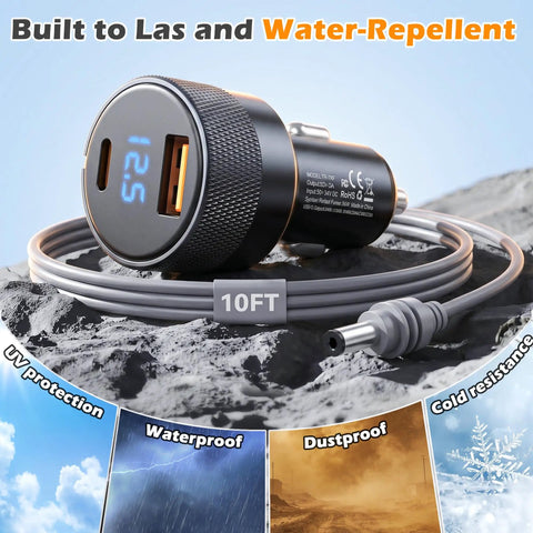 Heavy Duty 12 Volt And 24 Volt Vehicle Power Adapter For Compact Satellite Terminals, with 10FT waterproof wire harness and USB ports.