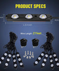 8 Pod 24 LED Rock Light Kit For Trucks And Off Road Rigs With Switch White Lighting shown with dimensions and wire length