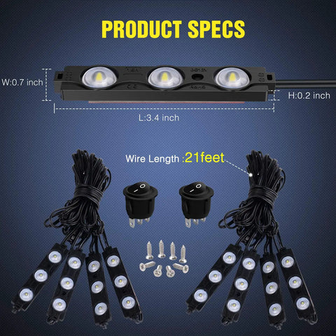 8 Pod 24 LED Rock Light Kit For Trucks And Off Road Rigs With Switch White Lighting shown with dimensions and wire length
