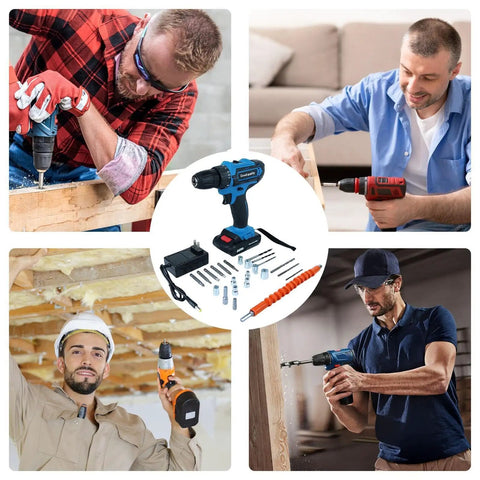 Heavy Duty Cordless Drill Set With 21V Rechargeable Battery And Brushless Motor Delivers Serious Punch For Concrete And Metal with multiple users in action.
