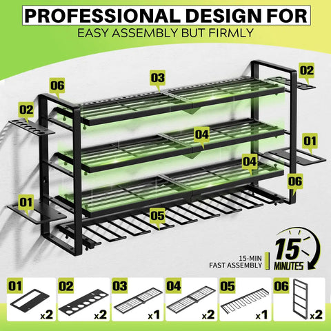 Heavy Duty Power Tool Organizer Wall Mount With Cordless Tool Holder And Screwdriver Rack, 4-Tier Metal Storage Shelf, 8 Drill Holders