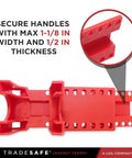 Adjustable Ball Valve Lockout Device for 1/2-4.25 in pipe diameter, red, shown securing handle with dimensions 1-1/8 in width.