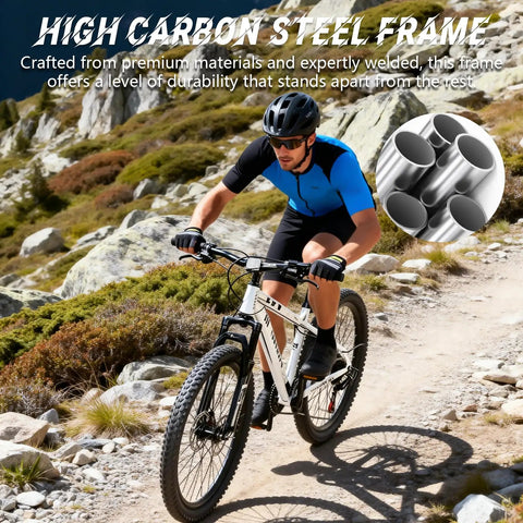 Trail Ready Rugged Hardtail Mountain Bike With 24 Inch Wheels 7 Speed Trigger Shifter Knobby Mountain Tires Mechanical Disc Brakes Lightweight Aluminum Frame Suspension Fork Plus Comfortable Saddle For All Terrain Adventures on mountain trail