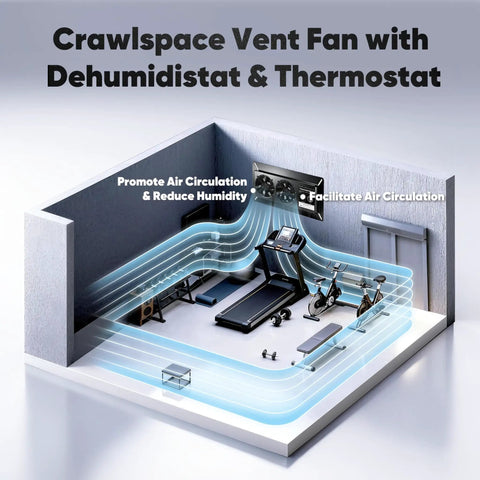 Beefy Crawl Space Vent Fan With Humidity Control And Thermostat 220 CFM 3000 RPM installed in a basement for air circulation.