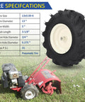 Replacement Tiller Tire And Wheel Set For Thirteen By Five Inch Tire Size With Three Quarters Inch Axle And Three And One Eighth Inch Centered Hub Fits Craftsman And Troy-Bilt Tillers displayed with specifications sheet and lawn tiller.
