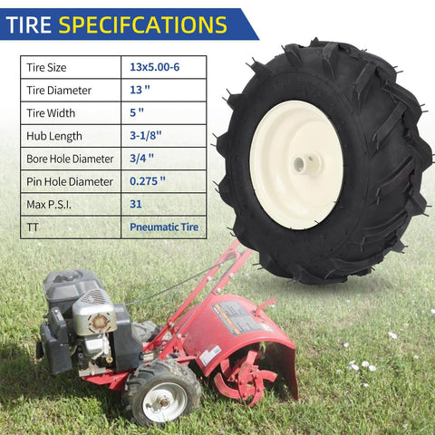 Replacement Tiller Tire And Wheel Set For Thirteen By Five Inch Tire Size With Three Quarters Inch Axle And Three And One Eighth Inch Centered Hub Fits Craftsman And Troy-Bilt Tillers displayed with specifications sheet and lawn tiller.