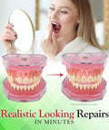 Woman using DIY At Home Dental Repair Kit For Missing Or Damaged Teeth With Color Matching Compound, realistic repairs shown