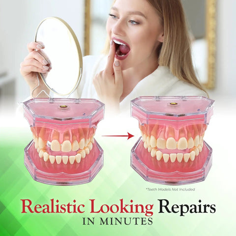 Woman using DIY At Home Dental Repair Kit For Missing Or Damaged Teeth With Color Matching Compound, realistic repairs shown