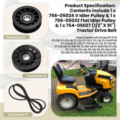 Heavy Duty Tractor Drive Belt Kit With V Idler Pulley And Flat Idler Pulley For One Half Inch By Ninety One Inch Belt Replacement Fits GT XT1 XT2 ZT1 ZT2 LT42 Lawn Tractors Pro Grade product view with pulleys and belt