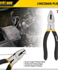 Close-up of 7 Inch linesman pliers with double-dipped handles shown near vehicle engine compartment.