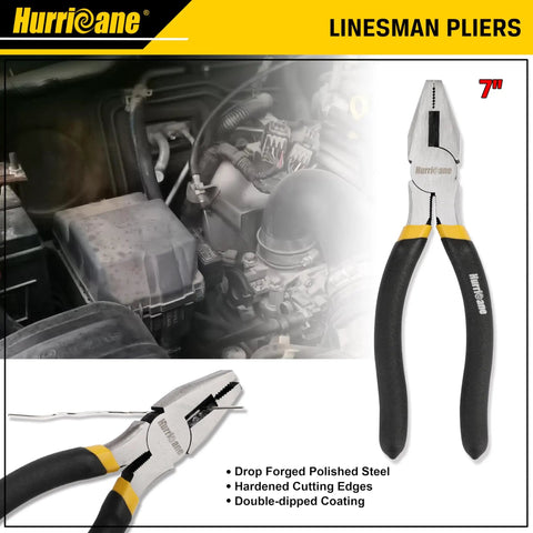 Close-up of 7 Inch linesman pliers with double-dipped handles shown near vehicle engine compartment.