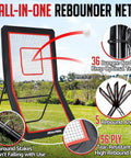 4x7Ft Backyard Lacrosse Rebounder With 5 Angles And Target Strip For Multi Sport Practice Built For Lacrosse Volleyball Baseball Softball Tennis And Soccer Great For Pro Level Drills And Real Game Like Rebounds with 36 bungee cords shown in backyard