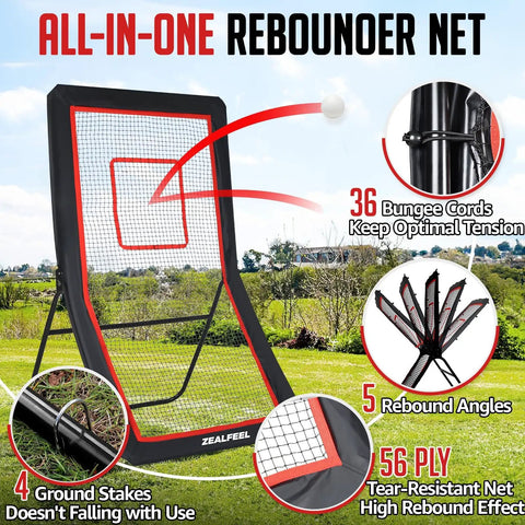 4x7Ft Backyard Lacrosse Rebounder With 5 Angles And Target Strip For Multi Sport Practice Built For Lacrosse Volleyball Baseball Softball Tennis And Soccer Great For Pro Level Drills And Real Game Like Rebounds with 36 bungee cords shown in backyard