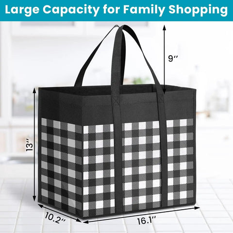 Oversized Foldable Grocery Tote Bags Four Pack With Reinforced Handles 35 Liter Capacity Water Resistant Coating Black And White