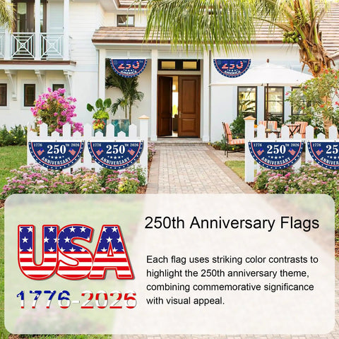 USA 250th Anniversary Flag 1.5x3 Ft Outdoor Yard Decor Flag Banner with Brass Grommets displayed on a front yard gate and porch