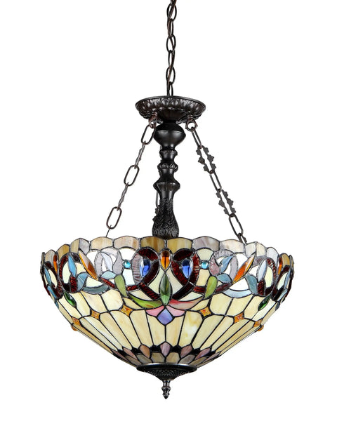 Serenity Tiffany Style Victorian Inverted Ceiling Pendant Light With Shade Three Light Bronze Finish Handcrafted Glass Cabochons And Crystals For Cozy Warm Glow And Elegant Home Decor