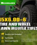Two Pack 15x6.00-6 Tubeless Front Tire And Wheel Set For John Deere Riding Mowers With 3/4 In Bearings And 5/8 In Extras, 3 In Offset Hub, 4-Ply Heavy-Duty, Fits 100 And 300 Series. 15x6.00-6 mower tire and wheel close-up