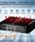 Fanless Industrial Mini PC Running Slick On Intel Core I5 With Windows 11 Pro Packing Thirty Two GB RAM And One Tera Byte Drive For Quiet Home Offices Featuring Dual HDMI Outputs Killer Wifi Six And Bulletproof Cellular Slots, showcasing its full metal case design and heat dissipation.