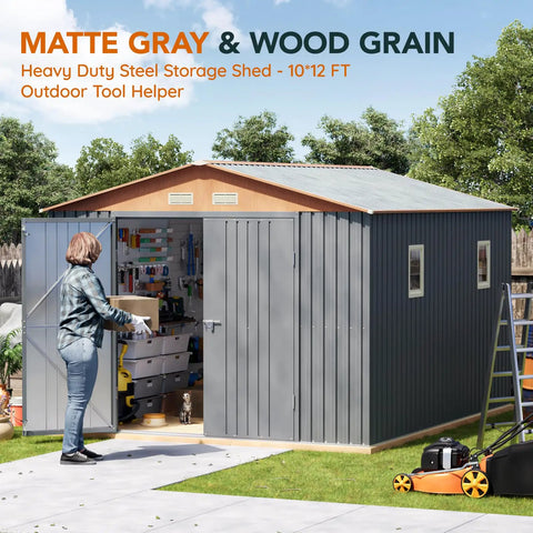 Big Beefy 10x12x7.4Ft Outdoor Storage Shed With Lockable Doors, Windows And Vents, gray metal tool shed in backyard