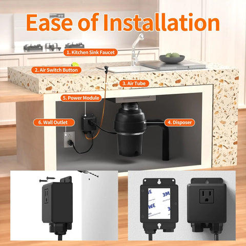 Waterproof Garbage Disposal Air Switch Kit with Long Matte Black Push Button UL Listed for in sink install with 4ft air hose and screws visible.