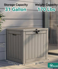 31 Gallon Outdoor Storage Deck Box With Lockable Lid, Waterproof Resin Construction, taupe color on patio with capacity info.
