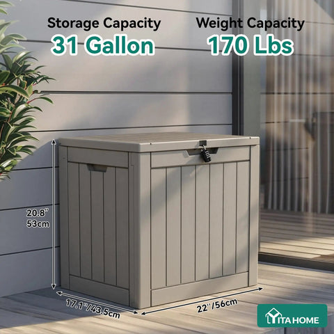 31 Gallon Outdoor Storage Deck Box With Lockable Lid, Waterproof Resin Construction, taupe color on patio with capacity info.