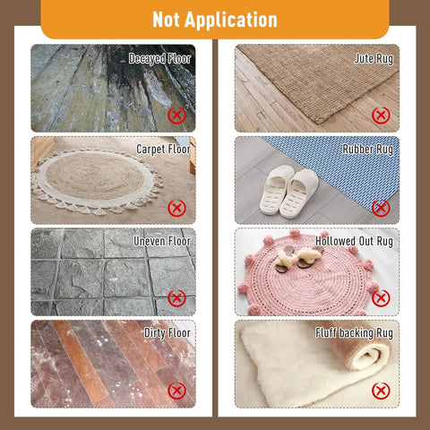 Not applicable surfaces for Anti Slip Rug Grippers For Vinyl Floors And Tile That Keep Area Rugs In Place With Extra Sticky Tape